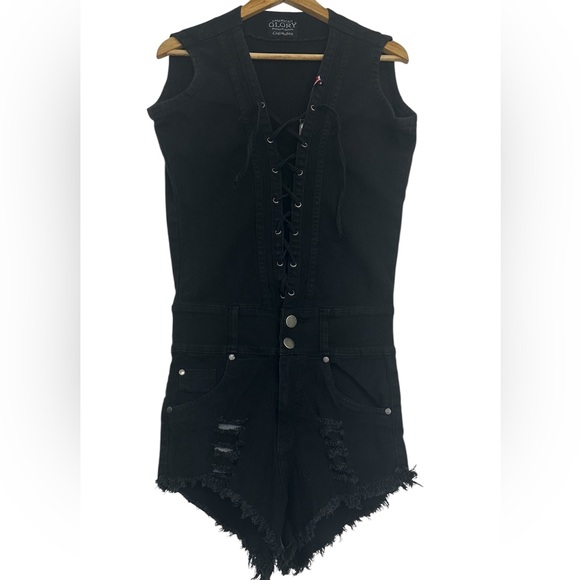 American GLORY Edgy Black Romper with Lace-Up Front and Distressed Hem - Picture 1 of 12